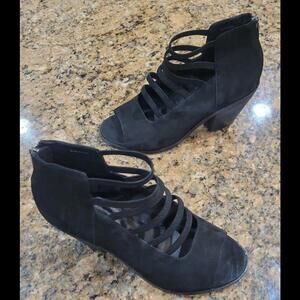 Eileen Fisher JAMES Strappy Sandals Wedge Heels Black Suede Womens Shoe 7.5 $265